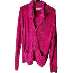 Lisa International Vintage Zip-Up Knit Sweatshirt Size Large Hot Pink Chenille